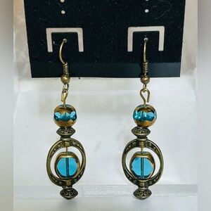 Hand Crafted Elegant Blue Glass and Gold Dangle Earrings